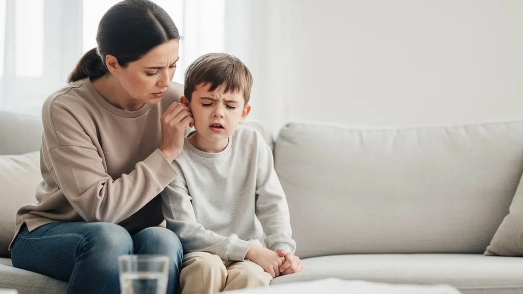 Un parent réconforte un enfant qui se tient l’oreille, dans un salon lumineux, illustrant la gêne liée aux otites à répétition.