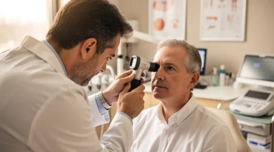 Consultation médicale ORL avec examen otoscopique de l'oreille interne chez un patient adulte