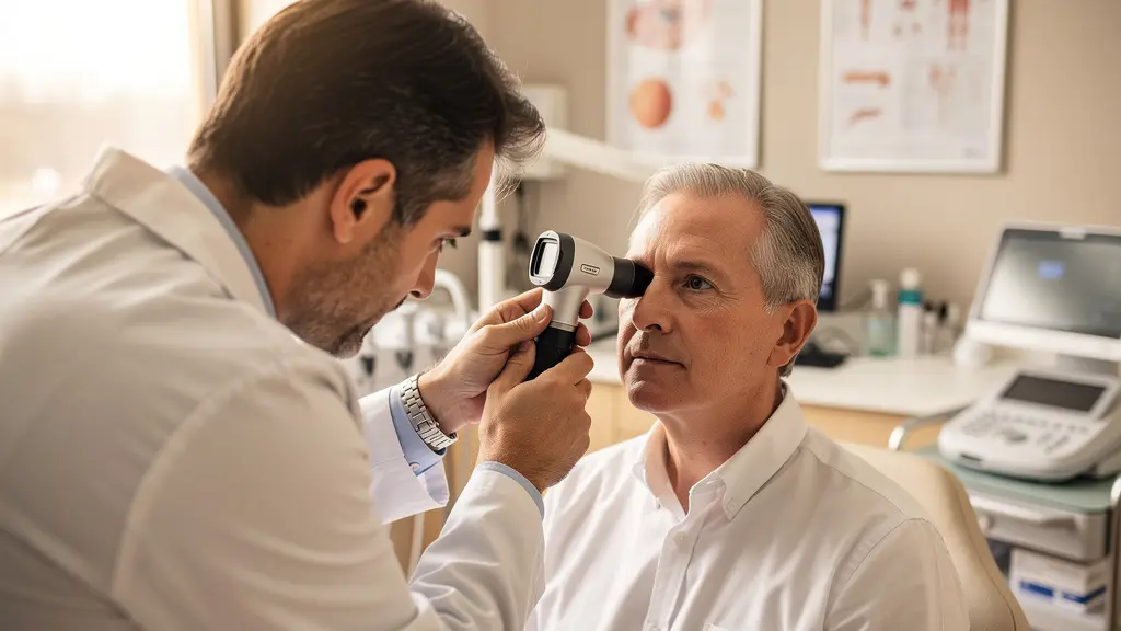 Consultation médicale ORL avec examen otoscopique de l'oreille interne chez un patient adulte