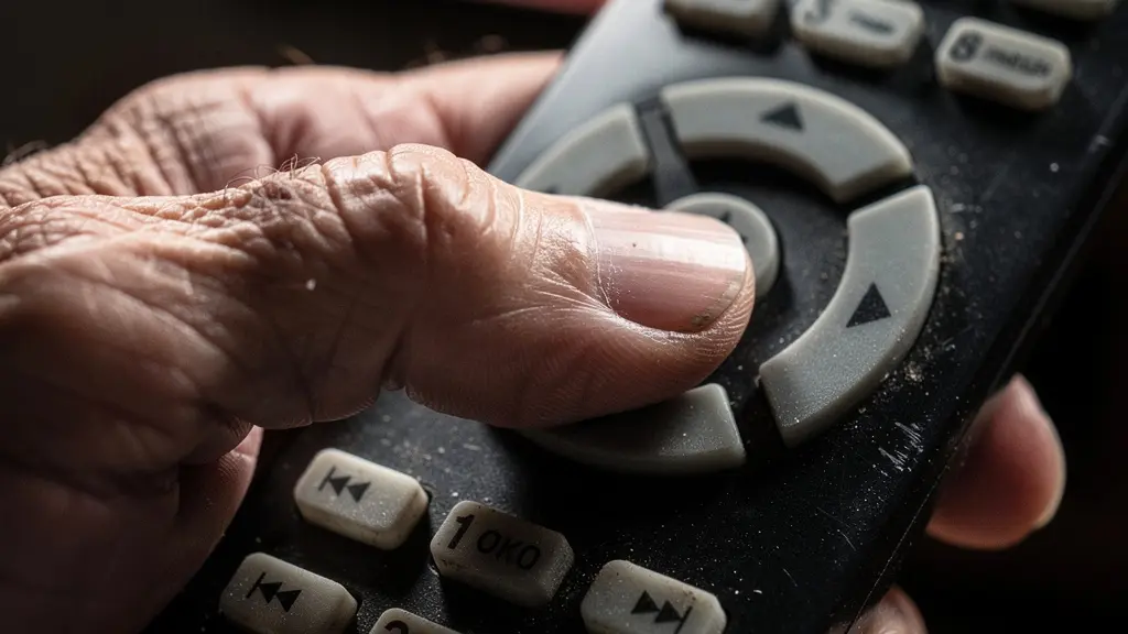 Vue macro d'une main tenant une télécommande avec le doigt sur le bouton volume, éclairage dramatique symbolisant la frustration auditive