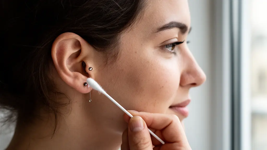 Gros plan sur un piercing du cartilage de l'oreille en cours de cicatrisation