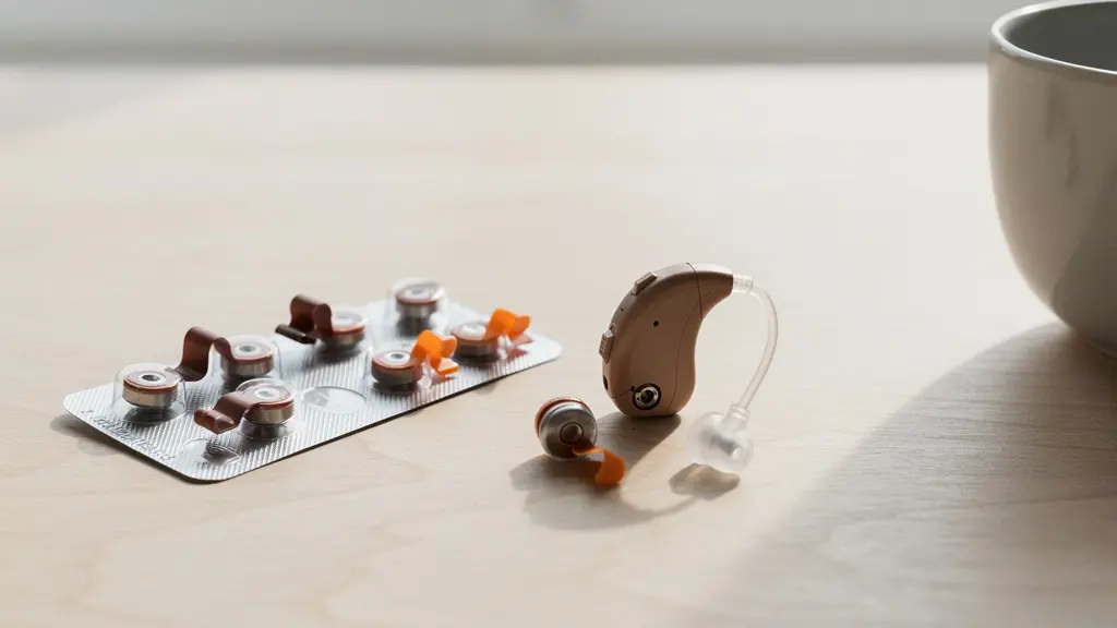 Gros plan sur des piles zinc-air pour appareils auditifs avec leurs languettes colorées, illustrant le mécanisme d'oxydation à l'air libre