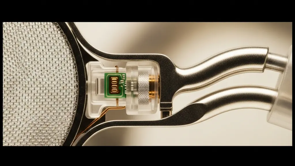 Vue macro détaillée d'un appareil auditif moderne avec détails techniques visibles