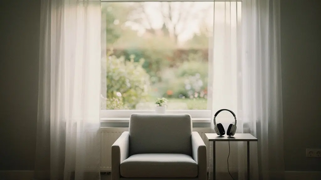 Scène minimaliste représentant un espace intérieur calme baigné de lumière naturelle, évoquant les premières étapes de la désensibilisation sonore