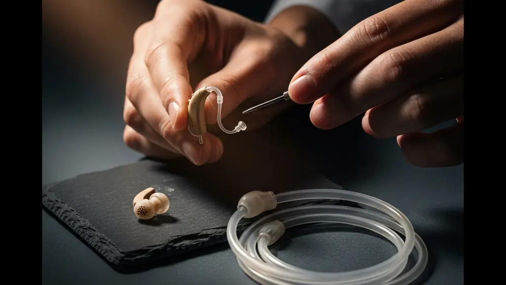 Main d'un audioprothésiste ajustant délicatement un appareil auditif contour d'oreille posé sur un support, évoquant la précision du réglage personnalisé