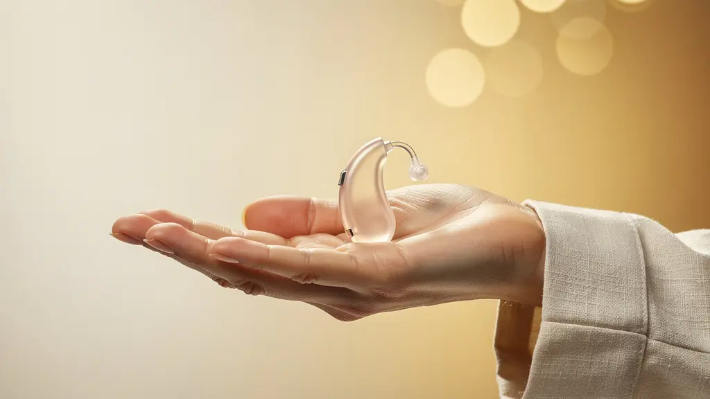 Main ouverte tenant delicatement un appareil auditif miniature translucide dans une lumiere douce et chaleureuse, symbolisant l'accessibilite et la qualite des soins auditifs