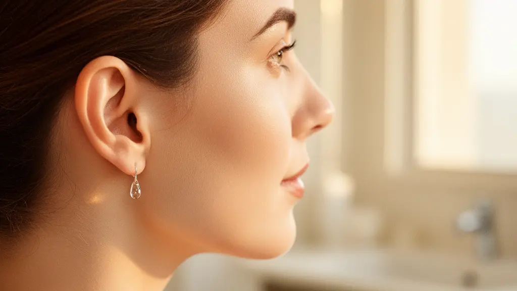 Gros plan délicat sur une oreille humaine baignée de lumière naturelle douce, illustrant la santé auditive et le soin auriculaire