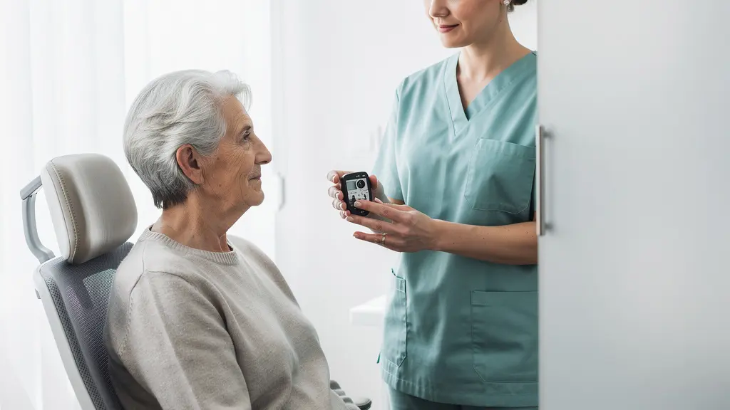 Consultation auditive bienveillante entre un professionnel ORL et un patient senior dans un environnement médical lumineux et rassurant