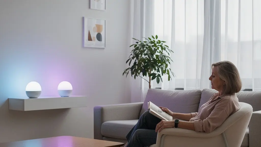 Intérieur épuré d'un salon baigné d'une lumière ambiante colorée provenant d'ampoules connectées, évoquant un système d'alerte visuelle pour personnes sourdes