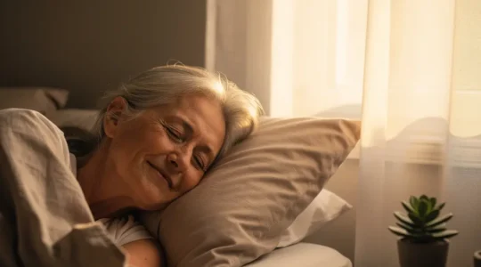 Personne senior dans un environnement apaisant avec une expression détendue et des éléments évoquant la perception sonore