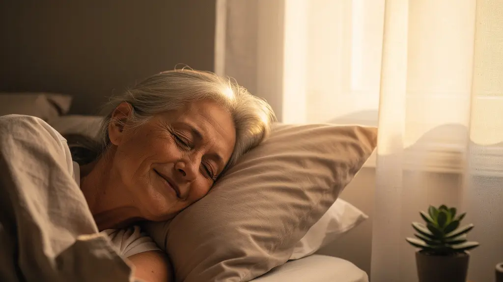 Personne senior dans un environnement apaisant avec une expression détendue et des éléments évoquant la perception sonore