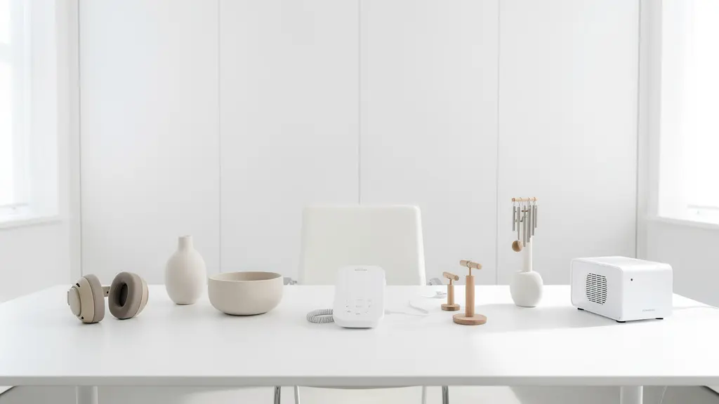 Vue minimaliste d'un bureau avec différentes solutions auditives non-prothétiques disposées harmonieusement