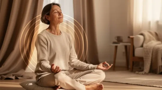 Personne détendue en méditation dans un environnement apaisant avec des éléments sonores symboliques