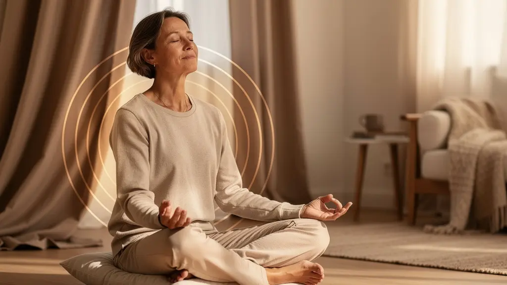 Personne détendue en méditation dans un environnement apaisant avec des éléments sonores symboliques