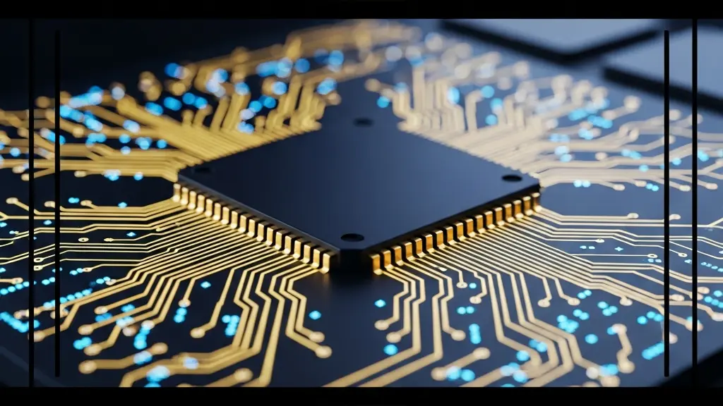 Vue macroscopique abstraite d'une puce électronique d'aide auditive symbolisant la complexité du réglage.