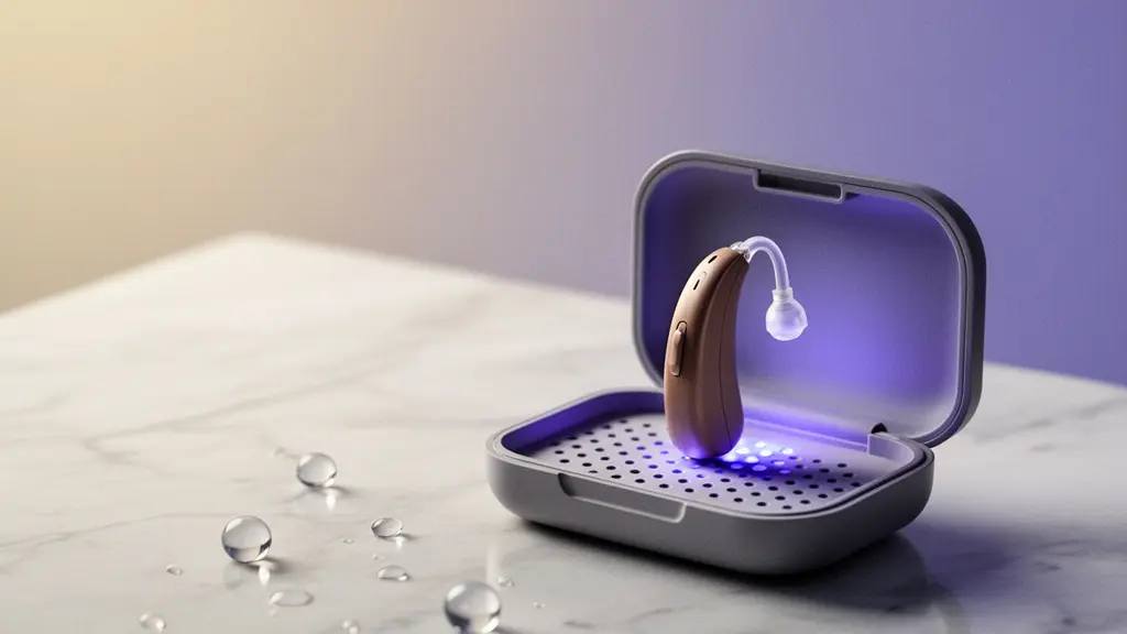 Boîtier de déshumidification UV ouvert contenant un appareil auditif contour d'oreille, illustrant la protection active contre l'humidité et la transpiration.