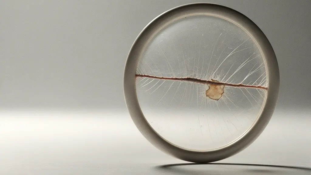 Gros plan d'une fine membrane translucide tendue sur un anneau, avec une petite cicatrice et une zone réparée, évoquant la cicatrisation d'un tympan.