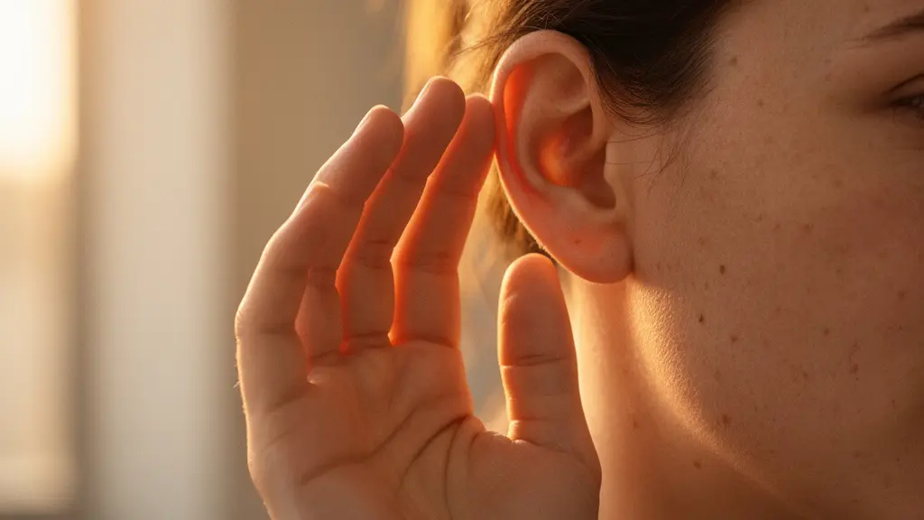 Gros plan sur une oreille humaine baignée d'une lumière douce, évoquant la fragilité et la protection de l'audition