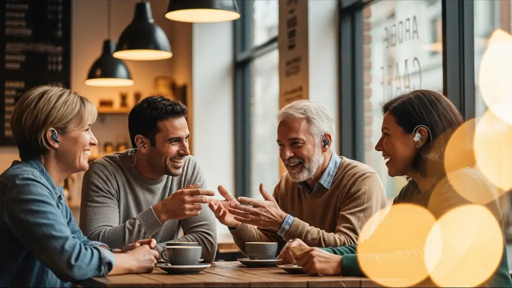 Groupe de personnes conversant chaleureusement dans un café lumineux, illustrant le maintien du lien social malgré la surdité sévère à profonde