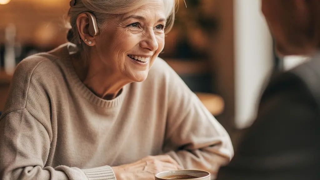 Personne portant un appareil auditif contour d'oreille souriant lors d'une conversation chaleureuse avec un proche dans un café lumineux, illustrant le maintien d'une vie sociale active malgré la surdité.