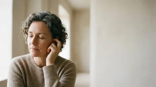 Personne sereine pratiquant une technique de relaxation pour gérer les acouphènes dans un environnement apaisant