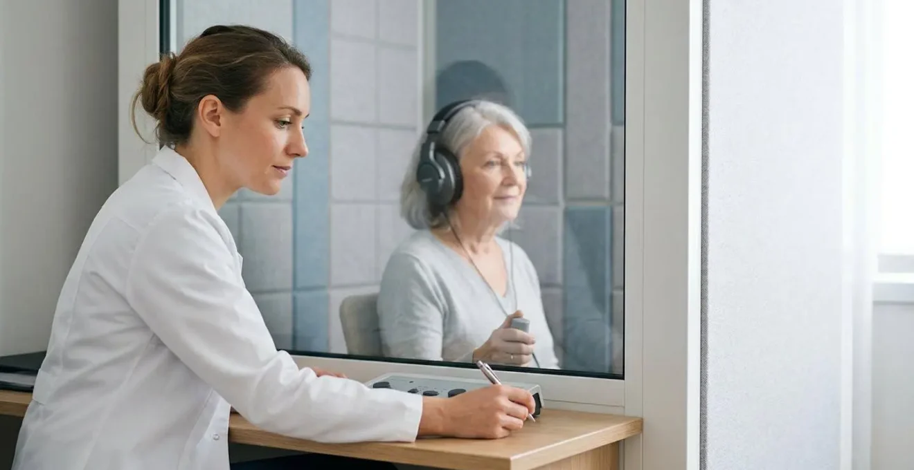 Professionnel de santé réalisant un test audiométrique avec patient portant un casque audio dans une cabine insonorisée