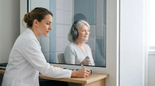 Professionnel de santé réalisant un test audiométrique avec patient portant un casque audio dans une cabine insonorisée