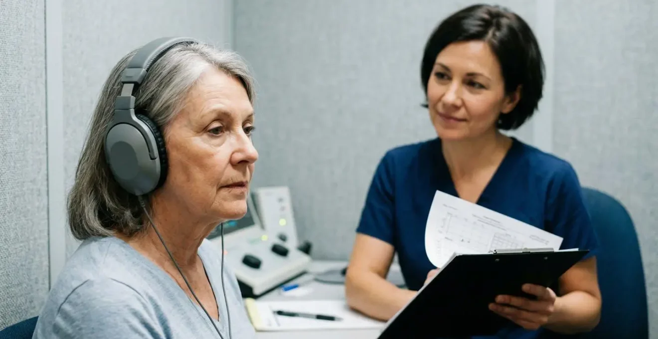 Professionnel de santé réalisant un test auditif vocal avec un patient équipé d'un casque audiométrique dans une cabine insonorisée