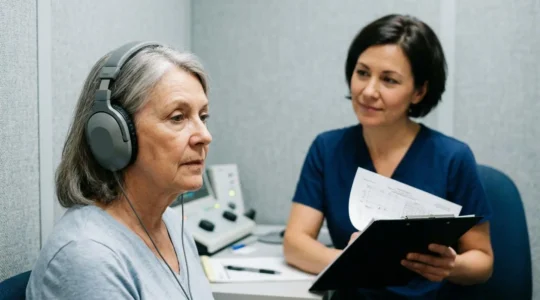 Professionnel de santé réalisant un test auditif vocal avec un patient équipé d'un casque audiométrique dans une cabine insonorisée