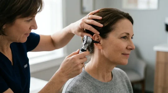 Consultation médicale ORL avec équipement audiométrique professionnel dans un environnement médical sécurisé