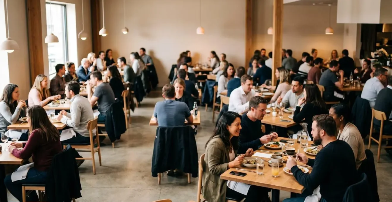 Scène de restaurant animé avec plusieurs convives en discussion illustrant la difficulté de l'écoute sélective dans un environnement sonore complexe