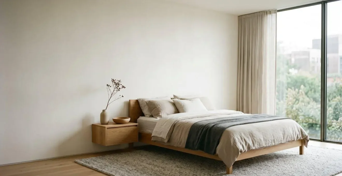 Environnement minimaliste et apaisant avec espace négatif illustrant un lieu de repos pour la gestion des acouphènes