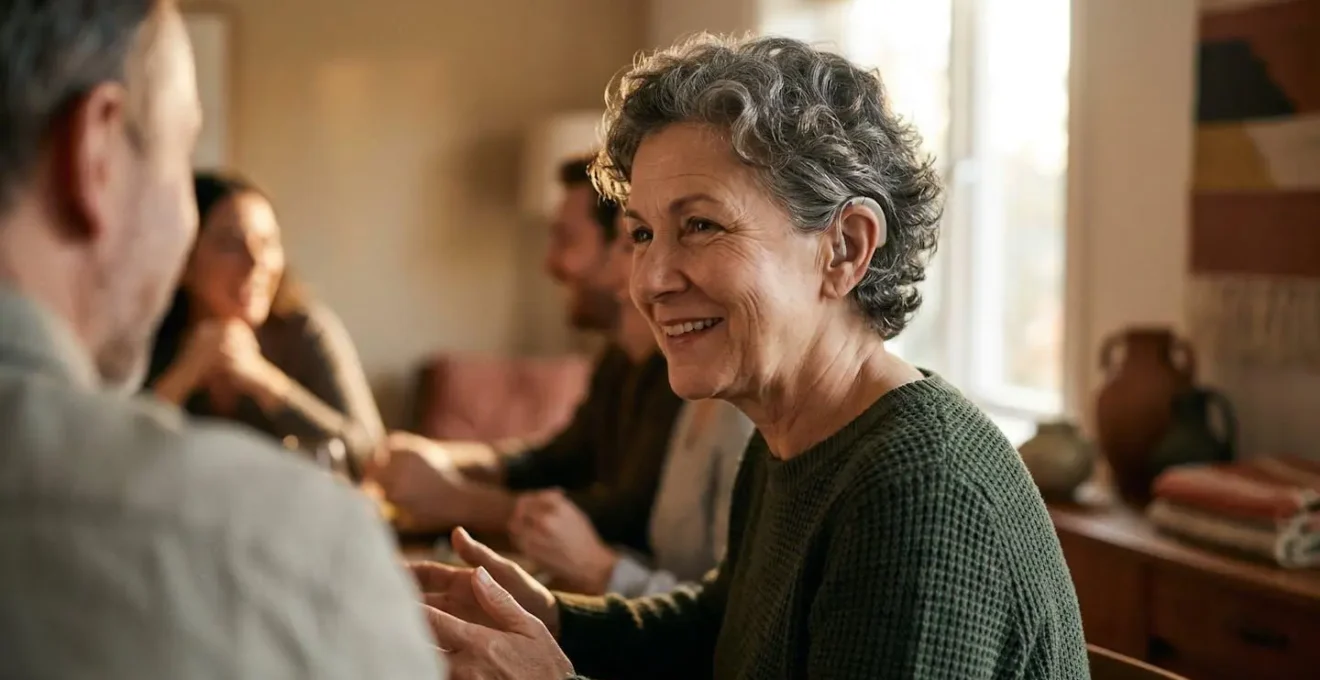 Personne mature portant un appareil auditif moderne et participant à une conversation animée en famille