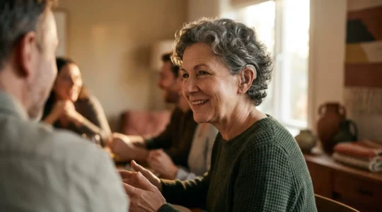 Personne mature portant un appareil auditif moderne et participant à une conversation animée en famille