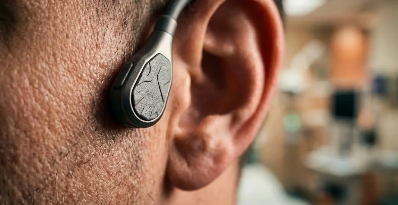 Représentation abstraite du phénomène de conduction osseuse avec crâne humain et ondes sonores