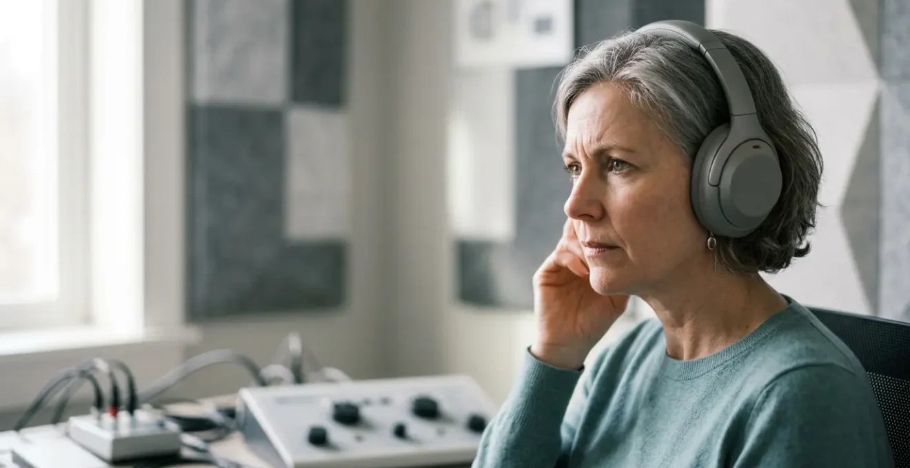 Personne dans un environnement sonore complexe testant sa capacité auditive