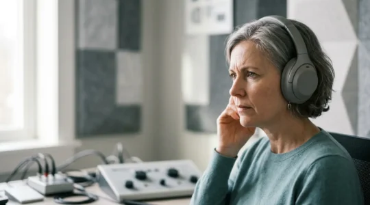 Personne dans un environnement sonore complexe testant sa capacité auditive