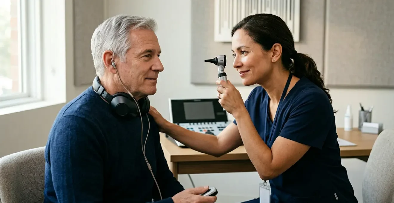 Professionnel de santé auditive réalisant un examen auditif dans un environnement médical moderne
