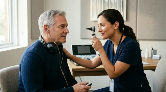 Professionnel de santé auditive réalisant un examen auditif dans un environnement médical moderne